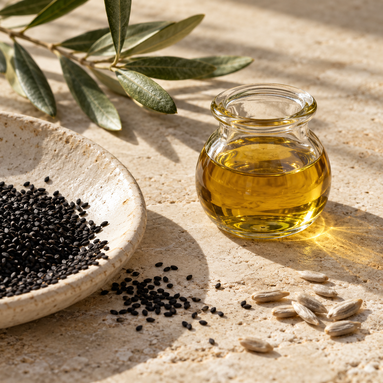 Aceite dorado, semillas y hojas de olivo sobre una superficie mineral clara